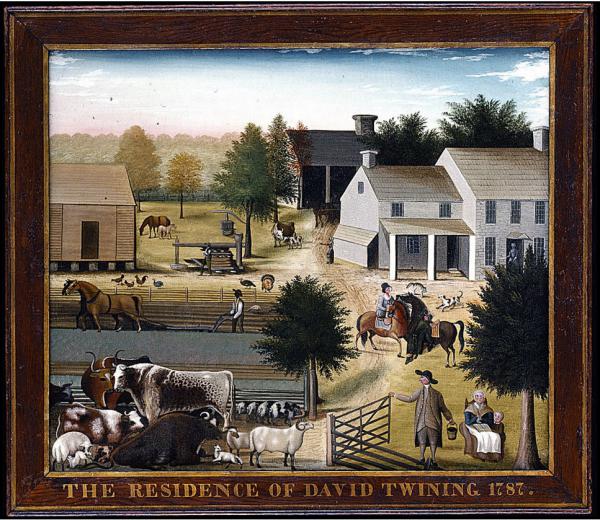 The Residence of David Twining.
Color farm scene. Farm animals in the foreground and farm house and out buildings in background.
